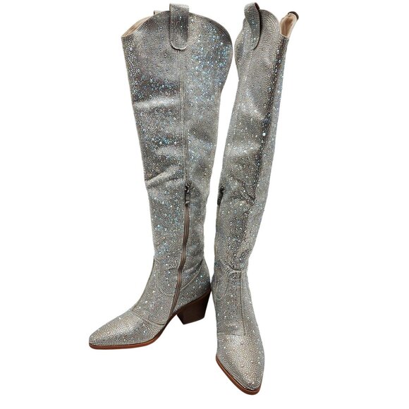 Rhinestone Embellished Silver Western Style Knee-High Boots Block Heel Size 6 - Picture 9 of 12